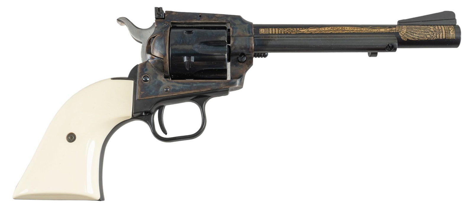 Cased Colt Kit Carson Commemorative New Frontier 22LR Revolver: Serial: KCC0890 Manufacturer: Colt's PT. F.A. MFG. Co. Model: New Frontier (Kit Carson Commemorative) Caliber: 22LR Barrel length: 6 in. OAL: 11.5 in. Condition: Very Good-Like New in Box; ivorex 