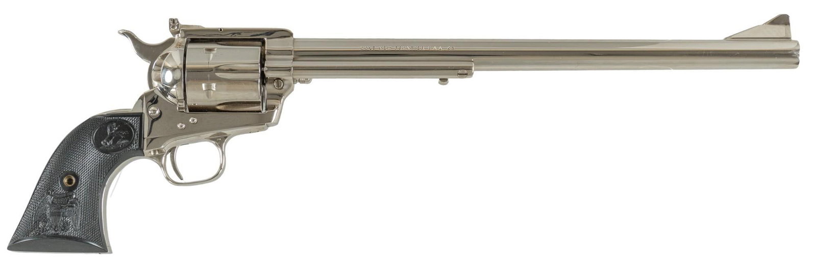 Cased Colt New Frontier SAA Ned Buntline Commemorative Revolver: Serial: NB2430 Manufacturer: Colt's PT. F.A. Mfg. Co. (c. 1979) Model: New Frontier SAA Ned Buntline Commemorative (1 of 3,000) Caliber: 45 Colt Barrel length: 12 in. OAL: 17.5 in. (case: 21.5 x 1