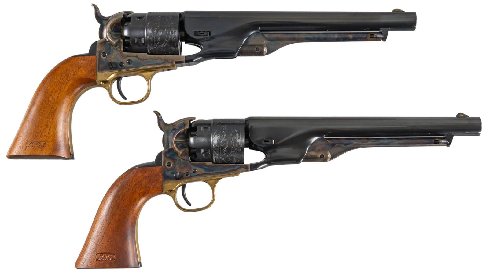 Colt 1860 U.S. Army Cavalry Commemorative Cased Pair: Serial: (1) US2796; (2) 2796US Manufacturer: Colt's PT. F.A. Mfg. Co. (c. 1977) Model: 1860 Army Caliber: 44 Cal. Barrel length: 8 in. OAL: 13.75 in. (case: 22.75 x 12.5 x 3 in.) Condition: Excell