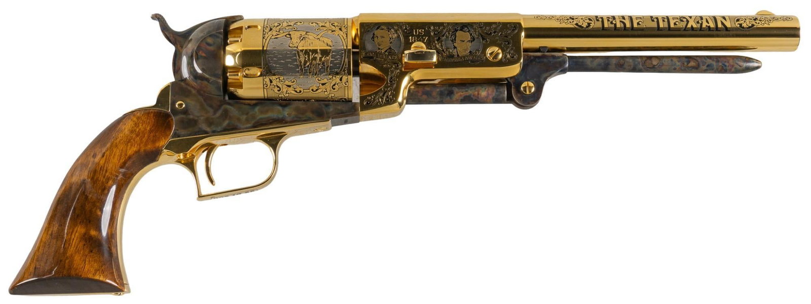 America Remembers Texan Tribute 22 of 200 Uberti 1847 Walker Percussion Revolver: Serial: 9866 Manufacturer: Uberti-Italy / America Remembers Model: 1847 Walker Texan Tribute 22/200 Caliber: 44 Barrel length: 9 in. OAL: 15.25 in. Condition: Very Good-Like New in Box; wood grips hav