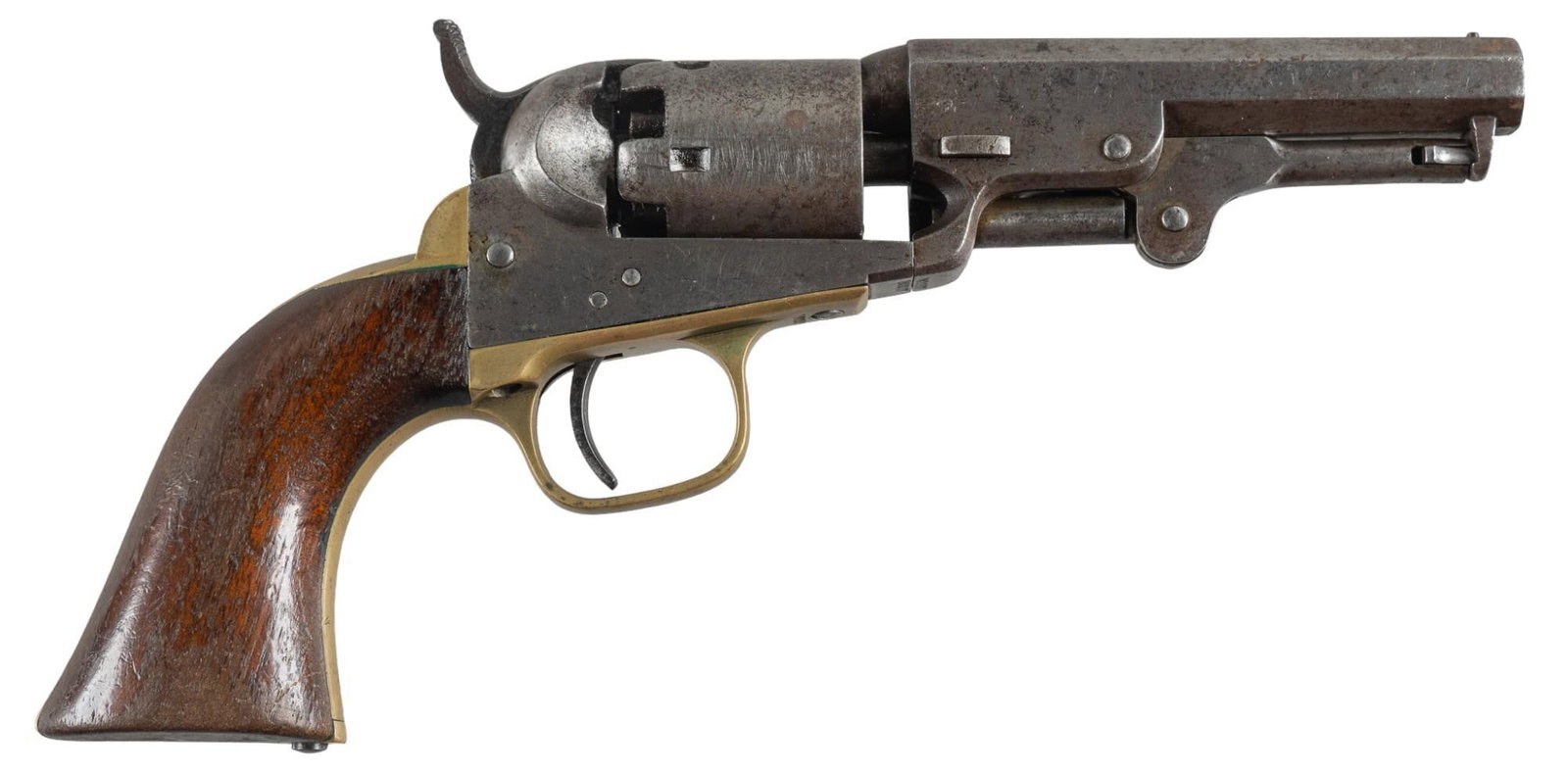 Antique Colt 1849 Pocket 31 Cal Revolver: Serial: 162217 Manufacturer: Colt's PT. F.A. Mfg. Co. (c. 1860) Model: 1849 Pocket Caliber: 31 Cal. Barrel length: 4 in. OAL: 9 in. Condition: Good: walnut grips have handling marks commensurate w