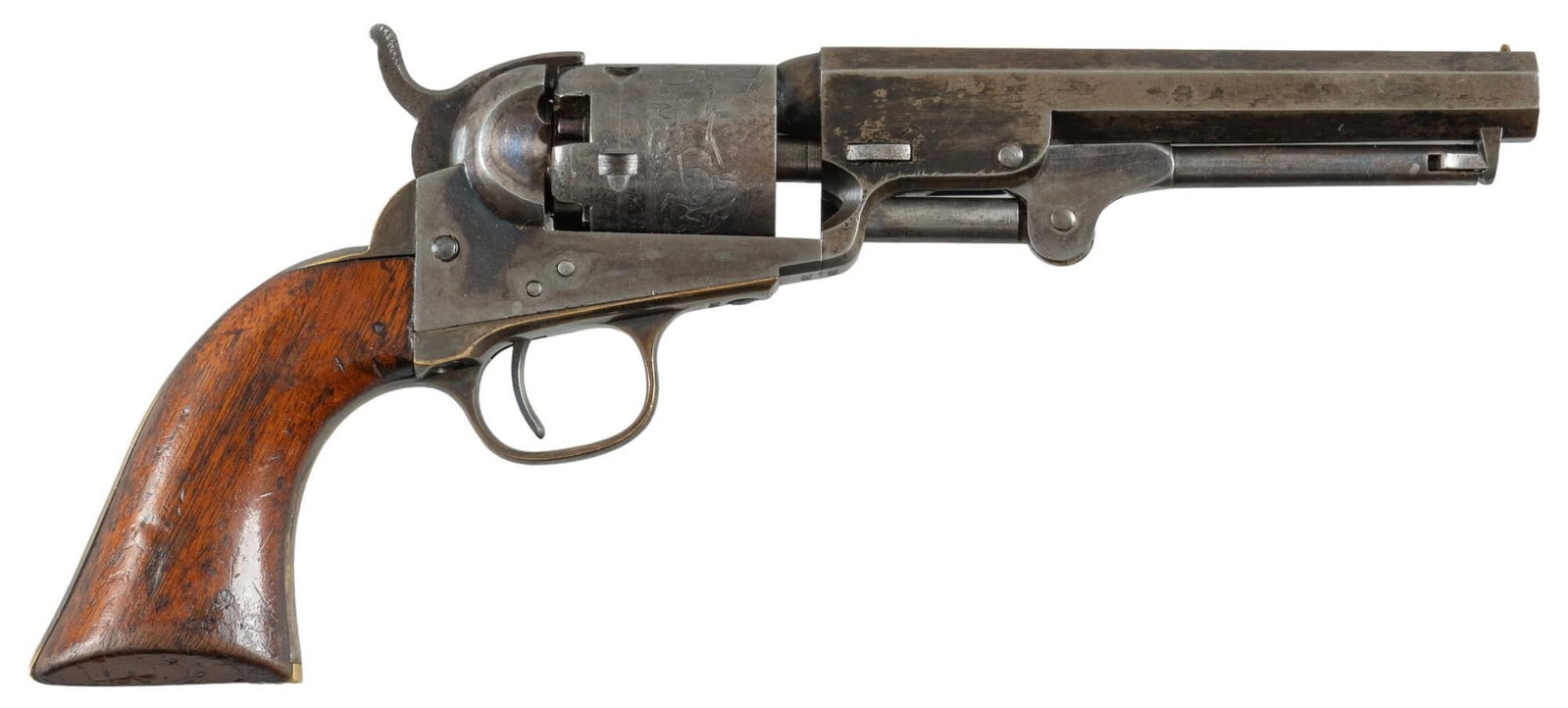 Very Nice Colt 1849 Pocket 31 Cal. Percussion Revolver: Serial: 135242 Manufacturer: Colt's PT. F.A. Mfg. Co. (c. 1857) Model: 1849 Pocket First Type Caliber: 31 Cal. Barrel length: 5 in. OAL: 10 in. Condition: Excellent-Antique; wood grips have wear &