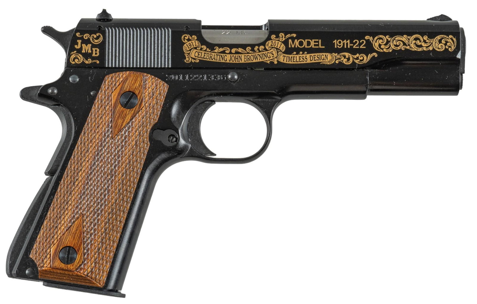 100th Anniversary Browning 1911-22 Semi-Auto Pistol: Serial: 2011221336 Manufacturer: Brownig Arms Co. (c. 2011) Model: 1911-22 100th Anniversary Caliber: 22 LR Barrel length: 4.25 in. OAL: 7.5 in. Condition: Very Good; grips have very light handling ma
