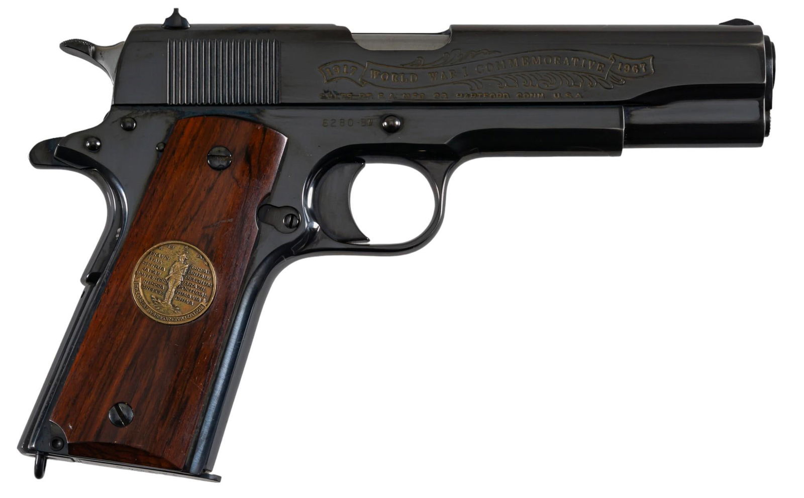 Display Colt Battle of Belleau Wood WWI Commemorative 1911 Pistol: Serial: 6280-BW Manufacturer: Colt's PT. F.A. Mfg. Co. (c. 1967) Model: Belleau Wood World War I Commemorative 1911 Caliber: 45 ACP Barrel length: 5 in. OAL: 8.5 in. (case: 11 x 14x 3.25 in.) Cond