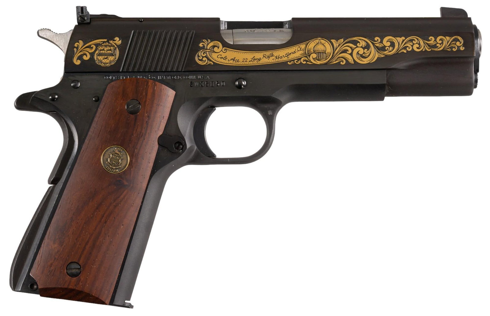 Near Mint 1 of 1,000 Cased Colt Ace Signature Series 22 LR Pistol: Serial: SM35850 Manufacturer: Colt's PT. F.A. Mfg. Co. (c. 1981) Model: Signature Series Colt Ace Special Edition (1 of 1,000) Caliber: 22 LR Barrel length: 5 in. OAL: 8.5 in. Condition: Excellent