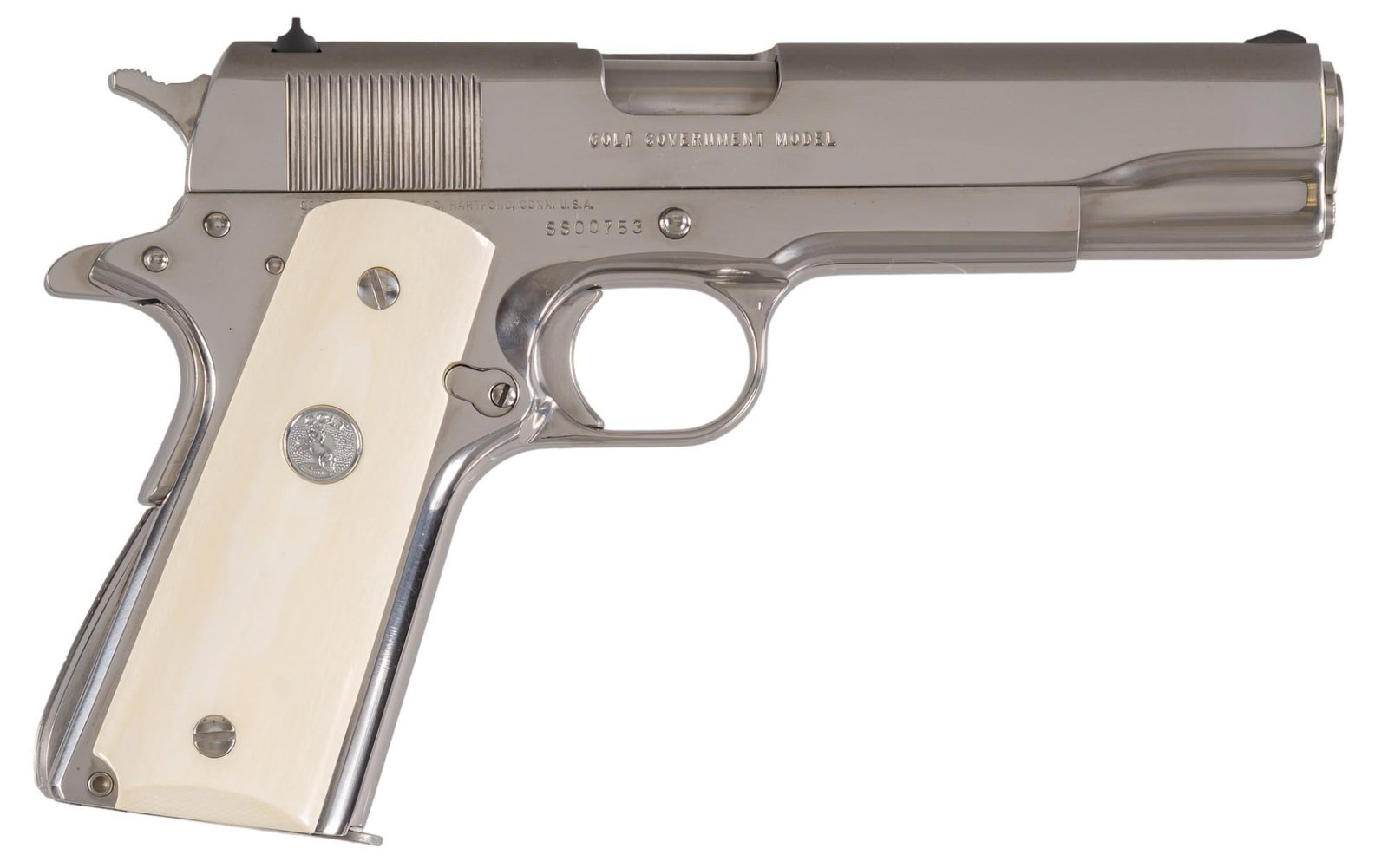 Rare Cased Colt Silver Star Edition 1911 45 ACP Pistol #753: Serial: SS00753 Manufacturer: Colt's PT. F.A. Mfg. Co. (c. 1984) Model: Silver Star 45 Government Model 1911 (#753 of 1,000) Caliber: 45 ACP Barrel length: 5 in. OAL: 8.5 in. Condition: Excellent;