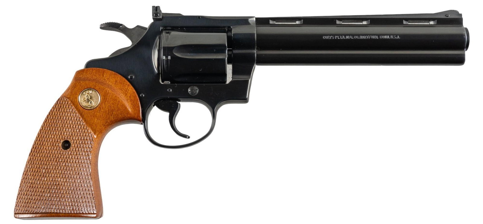 Colt Diamondback 22LR Revolver: Serial: P44151 Manufacturer: Colt's PT. F.A. Mfg. Co. (c. 1982) Model: Diamondback Caliber: 22LR Barrel length: 6 in. OAL: 10.5 in. Condition: Very Good; factory wood grips have very light wear; b