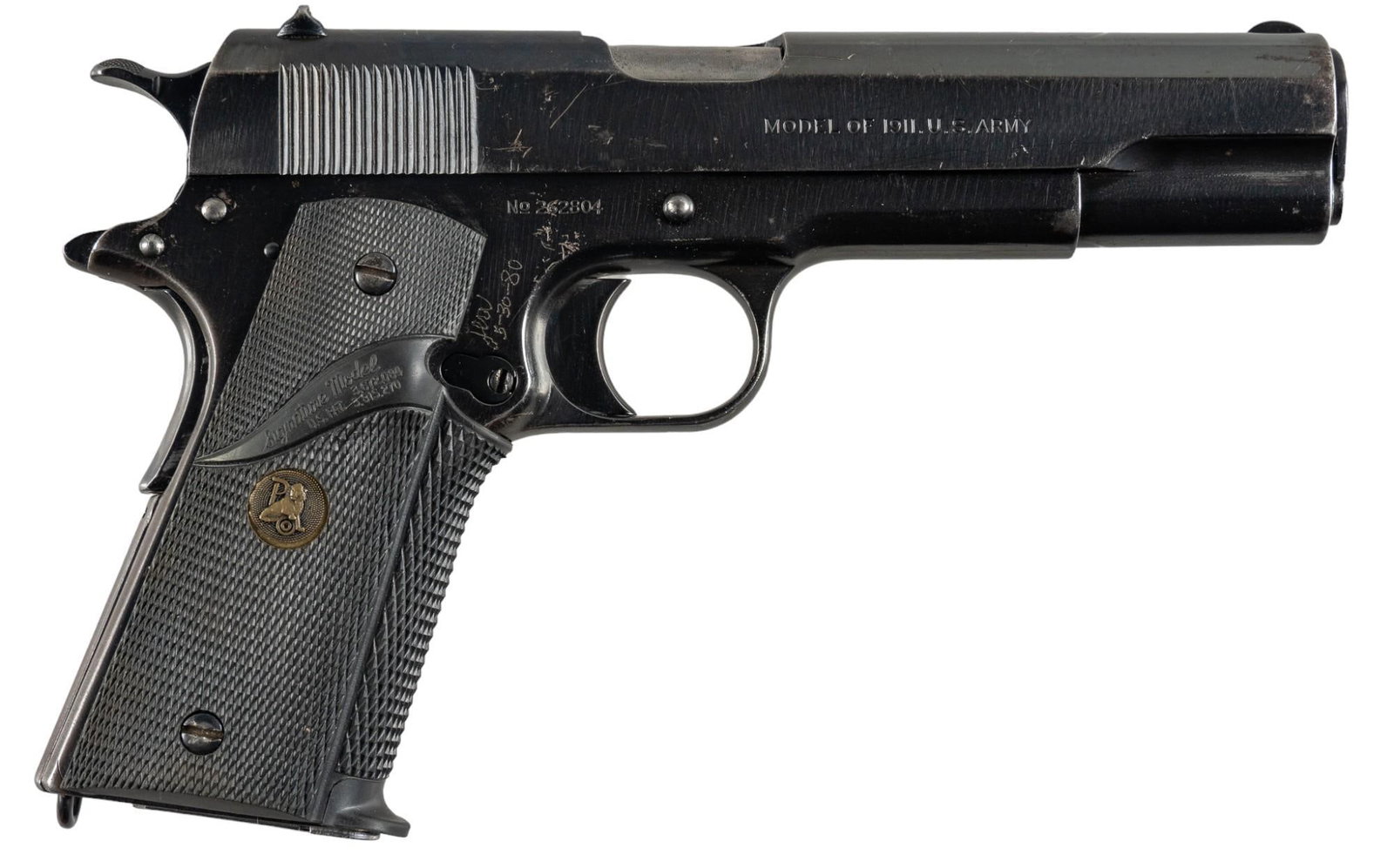 WWI U.S. Colt Model 1911 45 ACP Semi Auto Pistol: Serial: 262804 Manufacturer: Colt's PT. F.A. Mfg. Co. (c. 1918) Model: 1911 US Army Caliber: 45 ACP Barrel length: 5 in. OAL: 8.5 in. Condition: Good-Refinished; Pachmayr rubber grips have moderat