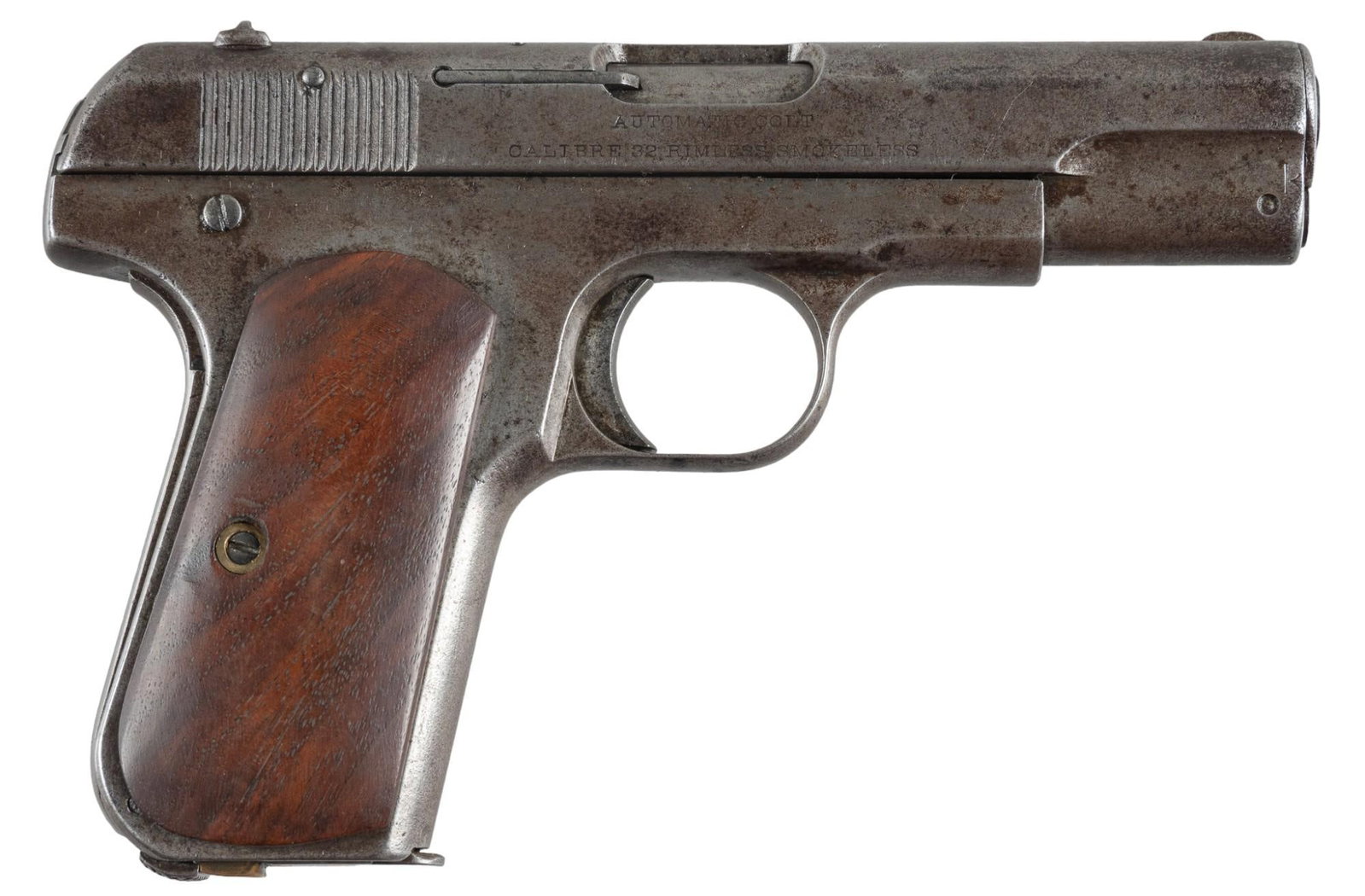 Colt Model 1903 Pocket Hammerless 32 ACP Pistol: Serial: 79808 Manufacturer: Colt's PT. F.A. Mfg. Co. (c. 1908) Model: 1903 Pocket Hammerless Caliber: 32 ACP Barrel length: 3.75 in. OAL: 6.75 in. Condition: Fair; aftermarket wood grips have very