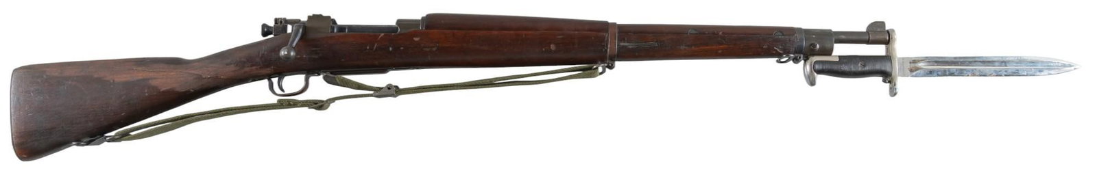 WWII Remington 1903-A3 30-06 SPRG Bolt-Action Rifle w/ Bayonet: Serial: 3525530 Manufacturer: Remington Arms Co. (c. August, 1943) Model: 03-A3 Caliber: 30-06 SPRG Barrel length: 24 in. OAL: 43.5 in. Condition: Good; wood stock been repaired from crack and is miss