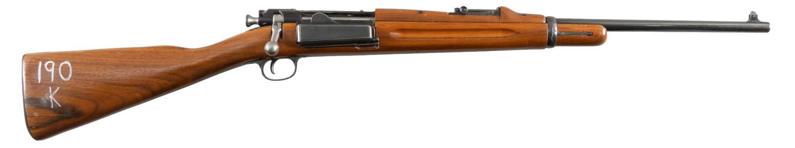 U.S. Springfield M1899 Krag-Jorgensen 30-40 Krag Carbine: Serial: 283378 Manufacturer: Springfield Armory (c. 1900) Model: 1899 Krag-Jorgensen Caliber: 30-40 Krag Barrel length: 22 in. OAL: 41.25 in. Condition: Good-Refinished; wood stock & forend hav
