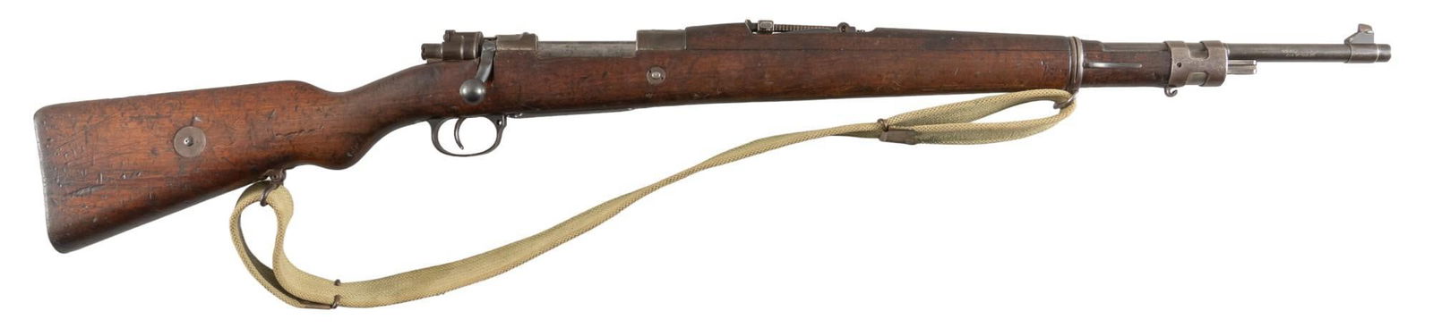 Steyr Chilean Mauser M1912 308 Win Bolt Action Rifle: Serial: A1336 Manufacturer: Waffenfabrik Steyr-Austria / CAI import Model: Chilean M1912 Caliber: 308 Win Barrel length: 23.5 in. OAL: 43 in. Condition: Fair-Good; wood stock has significant wear &