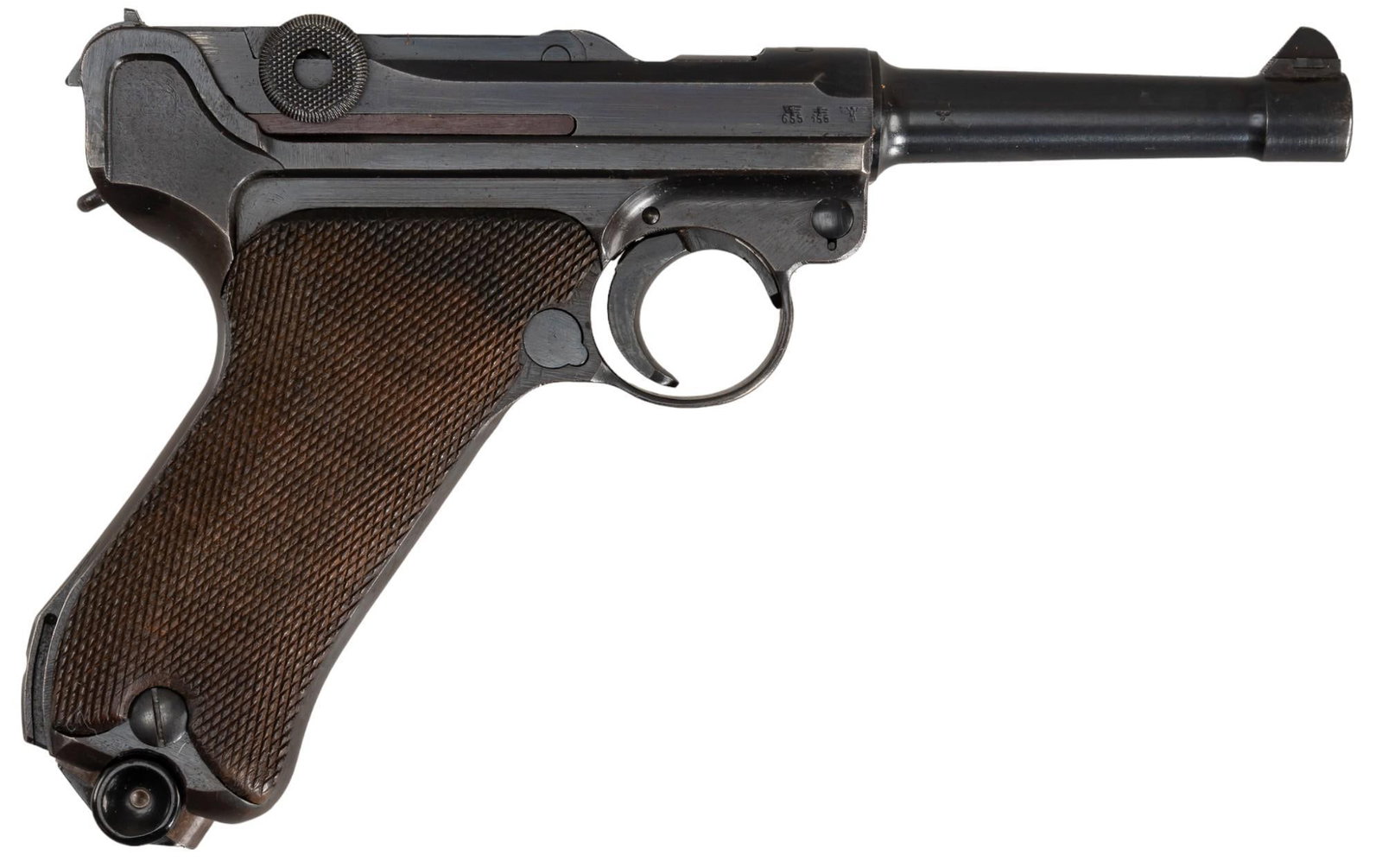 Nice Matching WWII 42 Code Mauser P.08 Luger 9mm Pistol: Serial: 5346 Manufacturer: Mauser-Germany (c. 1940) Model: P.08 Luger "42" Code Caliber: 9mm Barrel length: 4 in. OAL: 8.75 in. Condition: Very Good; wood grips have crisp checkering w/ very l