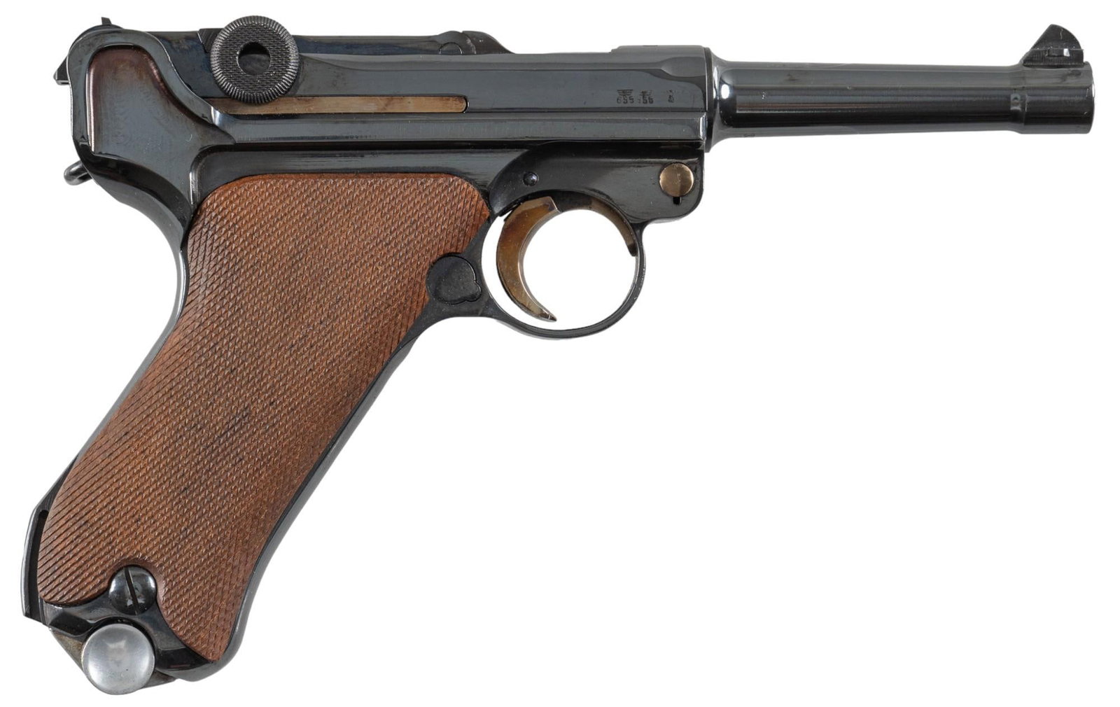 WWII German Mauser 42 Code P.08 Luger 9mm Pistol: Serial: 3321 Manufacturer: Mauser-Germany (c. 1940) Model: P.08 Caliber: 9MM Barrel length: 4 in. OAL: 8.5 in. Condition: Good-Refinished; wood grips have very light handling marks; barrel & frame