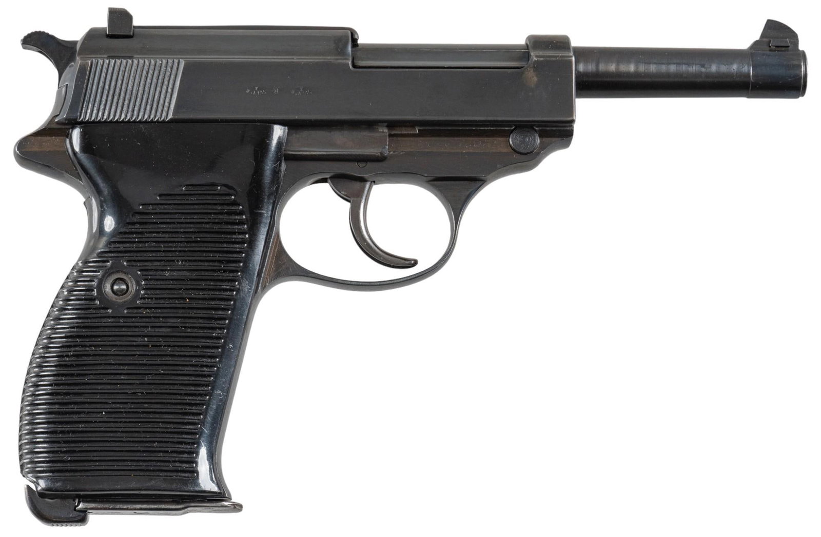 German WWII BYF P.38 9mm Pistol: Serial: 166 Manufacturer: Mauser-Germany (c. 1944) Model: P.38 Caliber: 9MM Barrel length: 5 in. OAL: 9 in. Condition: Good; grips have light wear & handling marks; barrel, slide & frame have 