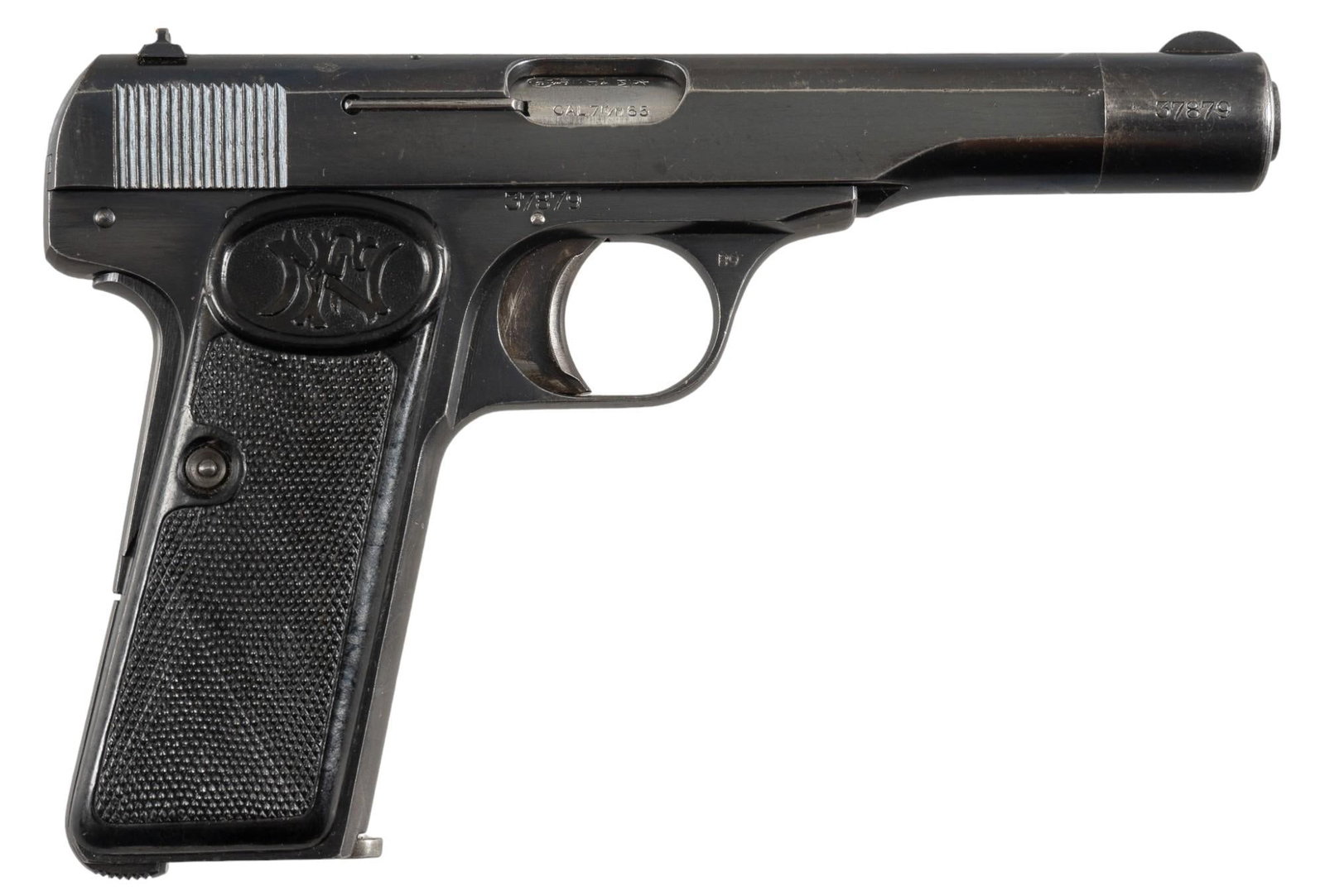FN Model 1910/22 32 ACP Semi-Auto Pistol: Serial: 37879 Manufacturer: Fabrique Nationale D'Armes De Guerre Herstal-Belgium Model: 1922 (1910/22) Caliber: 32 ACP Barrel Length: 4.5 in. OAL: 7 in. Condition: Good; factory grips have light w