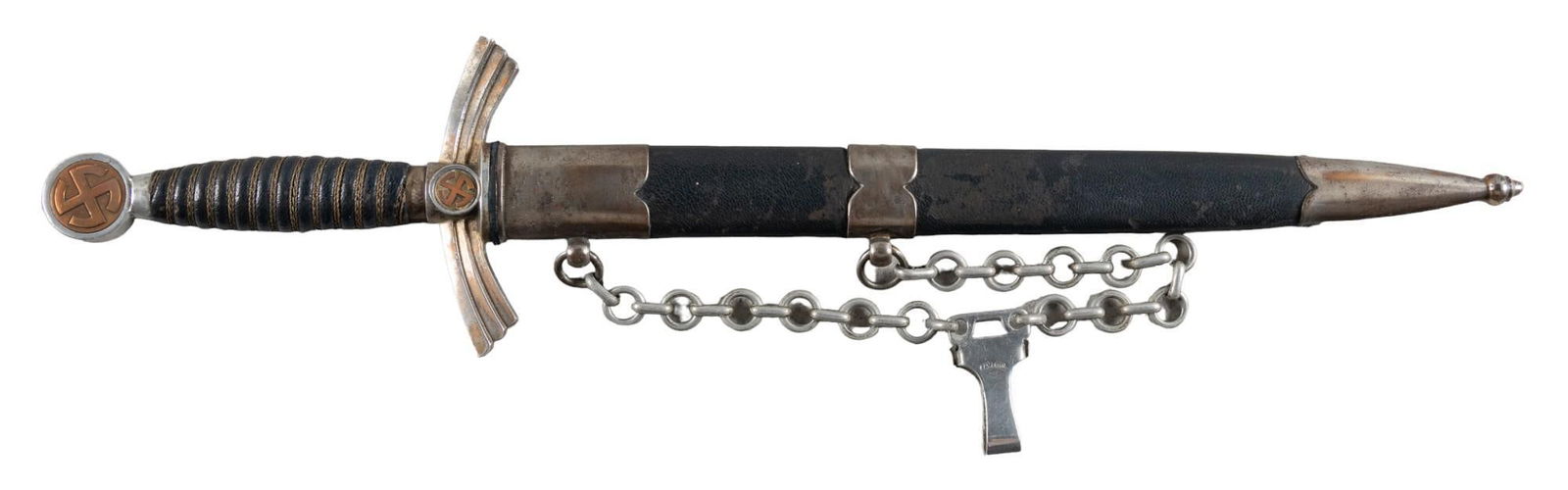 German WWII Luftwaffe 1st Model Dagger By Siegfried: Manufacturer: Siegfried Waffen - Solingen, Germany Model: Luftwaffe 1st Model Blade length: 12 in. OAL: 18 in. (19.325 in. w/ scabbard) (case: 19.5 x 9.5 x 2.5 in.) Condition: Good; blade has light we