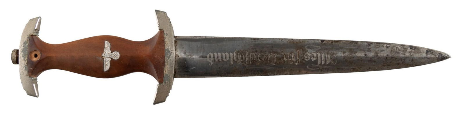 German WWII RZM SA Dagger W/ Scabbard: Manufacturer: RZM-Germany (c. 1934-1937) Model: SA Dagger Blade length: 8.75 in. OAL: 13.75 in. (14.75 in. w/ scabbard) Condition: Fair; blade has pitting throughout; few dings in edge; nickel guard &