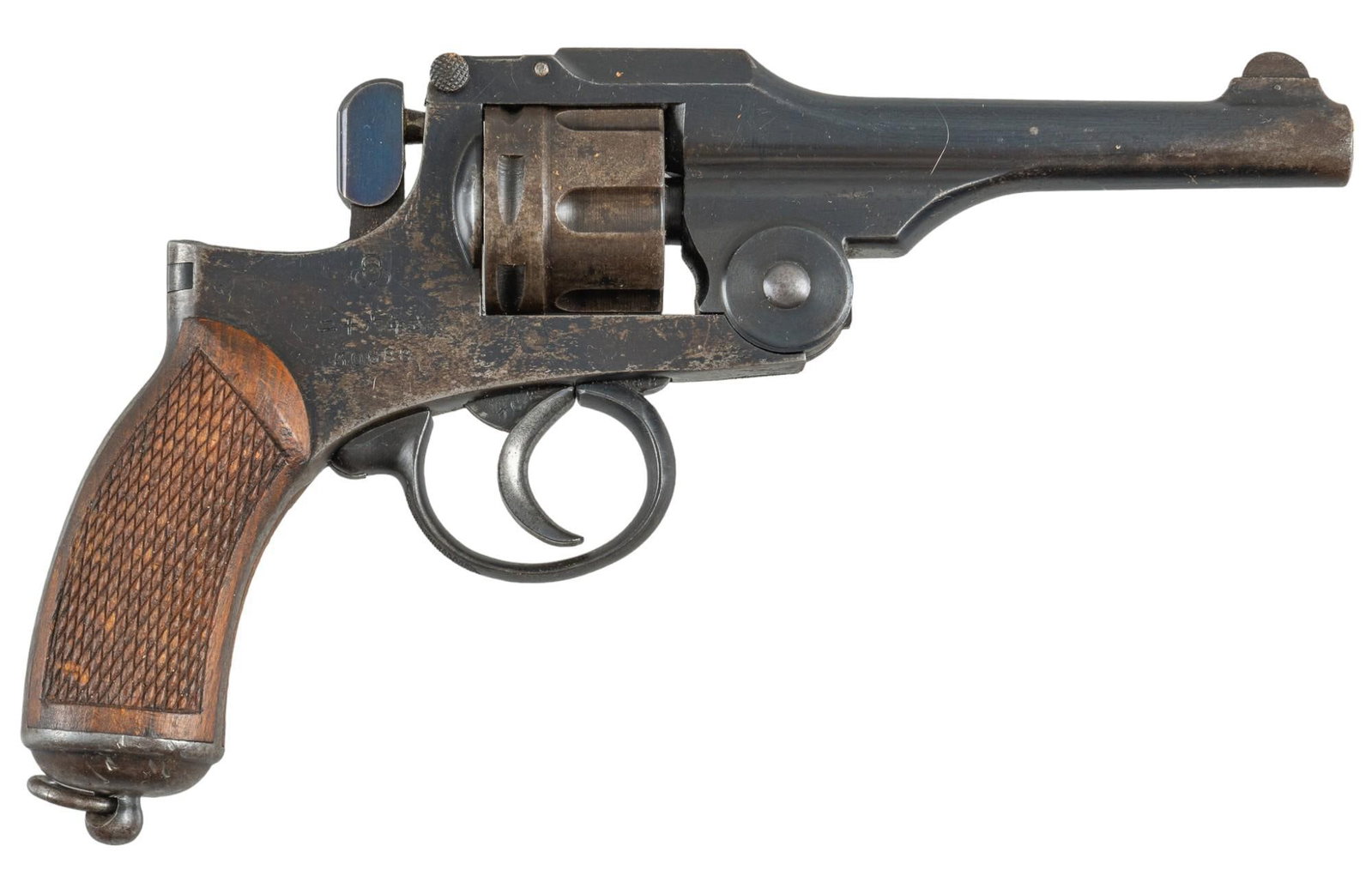 Japanese Type 26 9mm Nambu DAO Revolver: Serial: 30688 Manufacturer: Tokyo Arsenal-Japan Model: Type 26 Caliber: 9mm Nambu Barrel length: 4.25 in. OAL: 9 in. Condition: Good; wood grips have wear & handing marks commensurate with age; ba