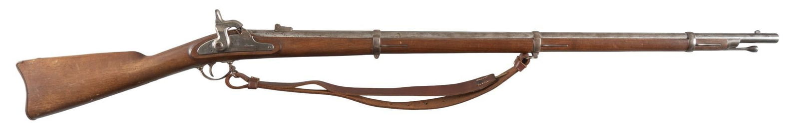 Navy Arms Springfield Model 1863 58 Cal. Reproduction Rifle: Serial: 3294 Manufacturer: Japan / Navy Arms Co. Model: Springfield Model 1863 (dated 1864) Caliber: 58 Cal. Barrel length: 40 in. OAL: 46 in. Condition: Fair; wood stock has moderate wear throughout