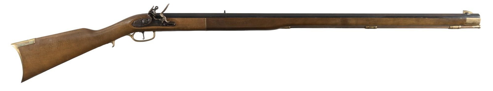 Spanish Jukar 45 Cal. Flintlock Rifle: Serial: 029227 Manufacturer: Jukar-Spain Model: Flintlock Caliber: 45 Cal Barrel length: 32.5 in. OAL: 48 in. Condition: Good; wood stock has light handling marks; barrel has light handling marks with