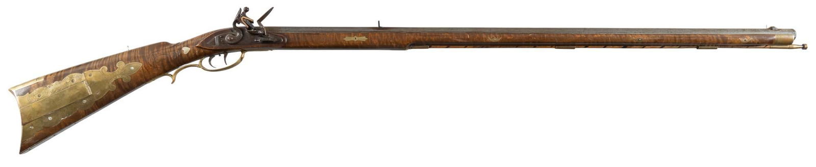 GR Douglas Custom Striped Maple 45 Cal. Flintlock Rifle: Serial: NSN Manufacturer: GR Douglas Model: Flintlock Caliber: 45 Cal. Barrel length: 38 in. OAL: 55 in. Condition: Good; wood stock has light handling marks; brass fittings have light handling marks