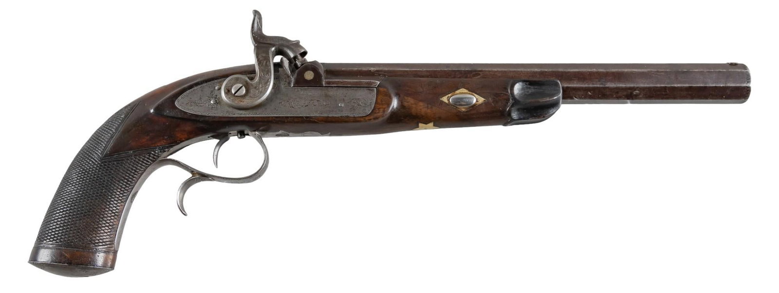 Early 19th C. Lewis & Tomes 48 Cal. Percussion Pistol: Serial: 788 (underside of barrel) Manufacturer: Lewis & Tomes-London, England Model: Percussion Pistol Caliber: approx. 48 Cal. Barrel length: 9.5 in. OAL: 16 in. Condition: Good; wood stock has m