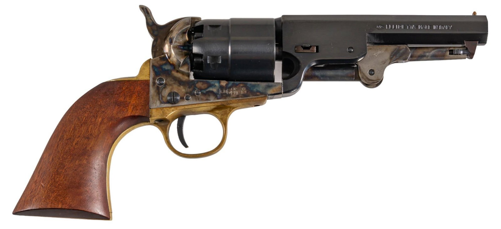 Pietta Model 1851 Navy Sheriff 44 Cal. Percussion Revolver: Serial: P121041 Manufacturer: Pietta-Italy / Cabela's Model: 1851 Navy Sheriff Caliber: 44 Cal. Barrel length: 4.875 in. OAL: 11 in. (box: 14.5 x 6.5 x 3 in.) Condition: Very Good; very light hand