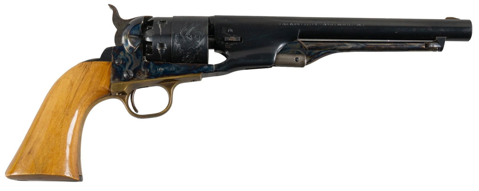 Pietta 1860 Army 44 Cal. Percussion Revolver w/ Leather Holster: Serial: 1655 Manufacturer: Pietta-Italy Model: 1860 Army Caliber: 44 Barrel length: 8 in. OAL: 13.25 in. Condition: Good; wood grips have light wear & handling marks; barrel & receiver have li