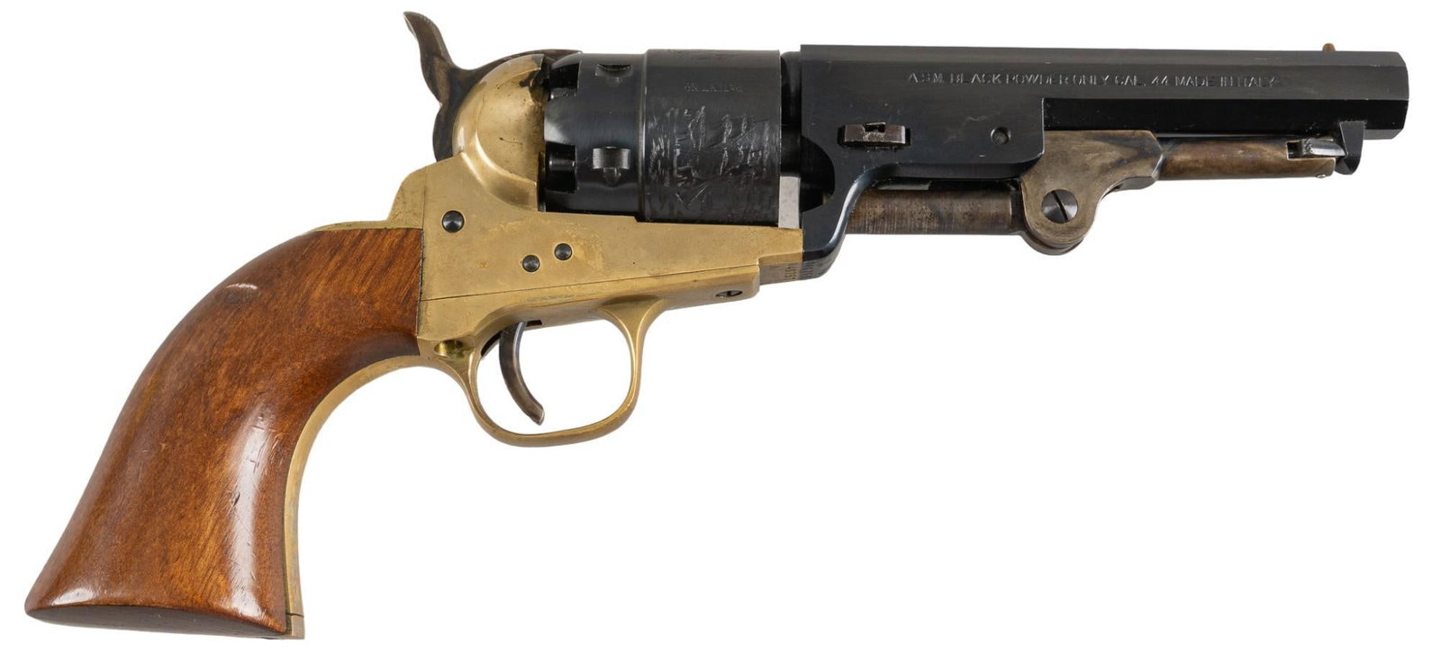 Armi San Marco 1851 Navy Sheriff 44 Cal Reproduction Revolver: Serial: 46757 Manufacturer: Armi San Marco-Italy / Taylor & Co. Model: 1851 Navy Brass Sheriff Caliber: 44 Cal. Barrel length: 5 in. OAL: 9.75 in. Condition: Good; wood grips have light handling m