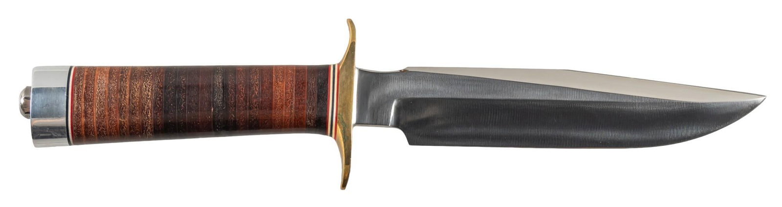 Randall Made Model 1 All Purpose Fighting Knife W/ Sheath: Manufacturer: Randall Made Model: 1 All Purpose Fighting Knife Blade length: 6 in. OAL: 11 in. Condition: Very Good; leather handle has very light handling marks; brass hilt is clouded with isolated o