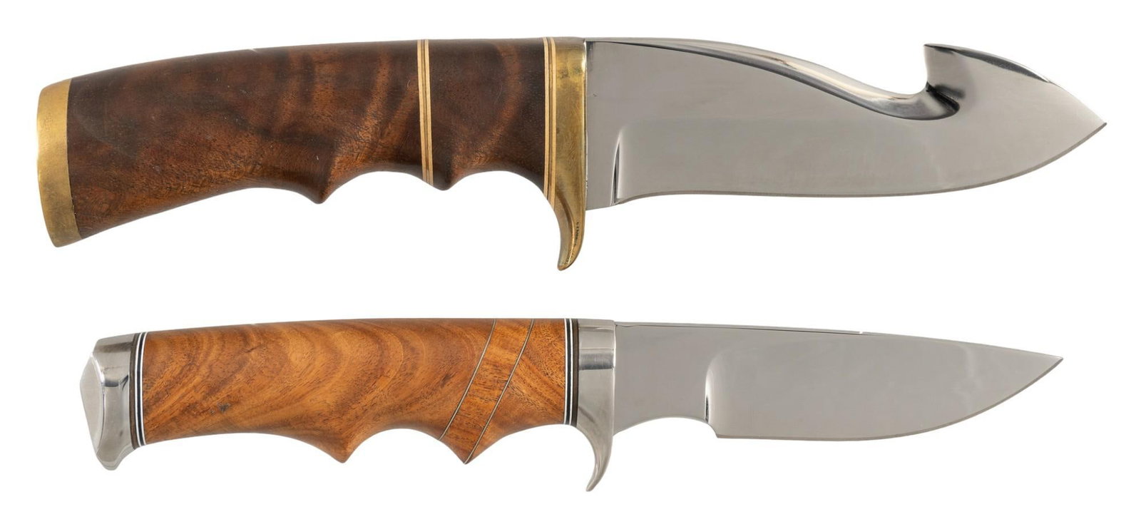 Custom Nolen & Ruffin Johnson Knives: Manufacturer: (1) Ruffin Johnson "El Lobo Solo"; (2) Nolen Knives Model: (1) Drop point; walnut handle; (2) recurve gut-hook; walnut handle; brass fittings & spacer Blade length: (1) 3.75 