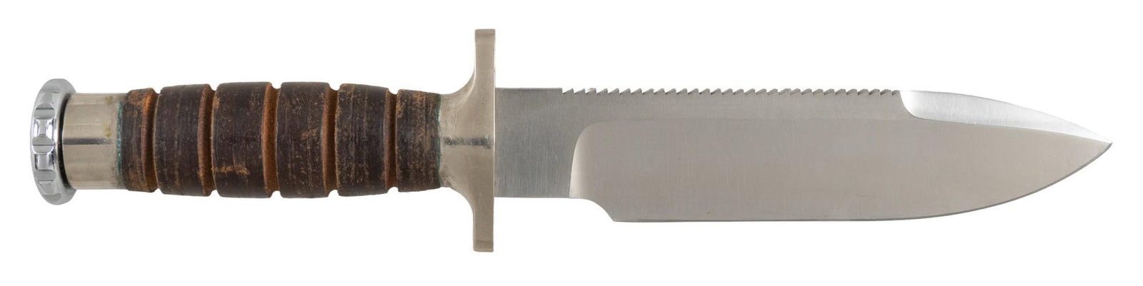 Vietnam Era Finnish Hackman Survival Knife W/ Sheath: Manufacturer: Hackman-Finland Model: Survival Knife (drop-point blade w/ serrated spine) Blade length: 7 in. OAL: 12 in. (13.5 in. w/ sheath) Condition: Good; blade has light wear marks; stainless gua