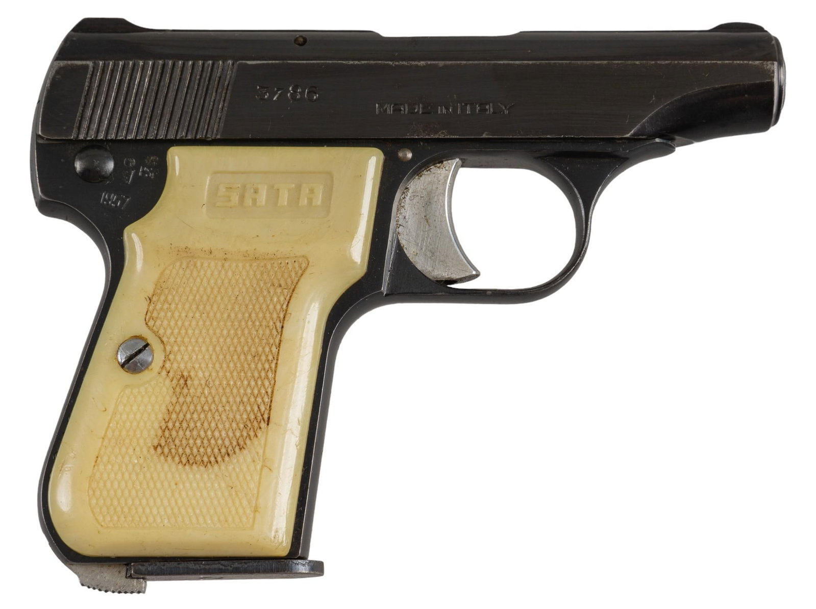 Brescia "Sata" 25 ACP Semi Auto Pistol: Serial: 3786 Manufacturer: Vagno di Gardone VT, Brescia, Italy (c. 1957) Model: Sata Caliber: 25 ACP Barrel length: 2.5 in. OAL: 4.75 in. Condition: Good; plastic grips have moderate wear; slide &