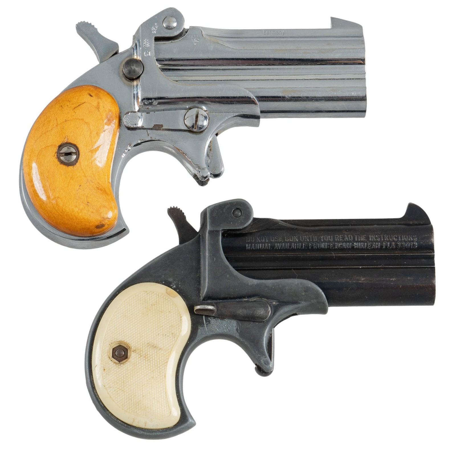 Pair of Derringer Pistols: Serial: (1) 107850; (2) L59145 Manufacturer: (1) Germany / Hawes Firearms Co. Import; (2) Excam Model: (1) Western Marshal Derringer; (2) Mod TA Caliber: (1) 357 Mag; (2) 38spl Barrel length: (1) 3 in