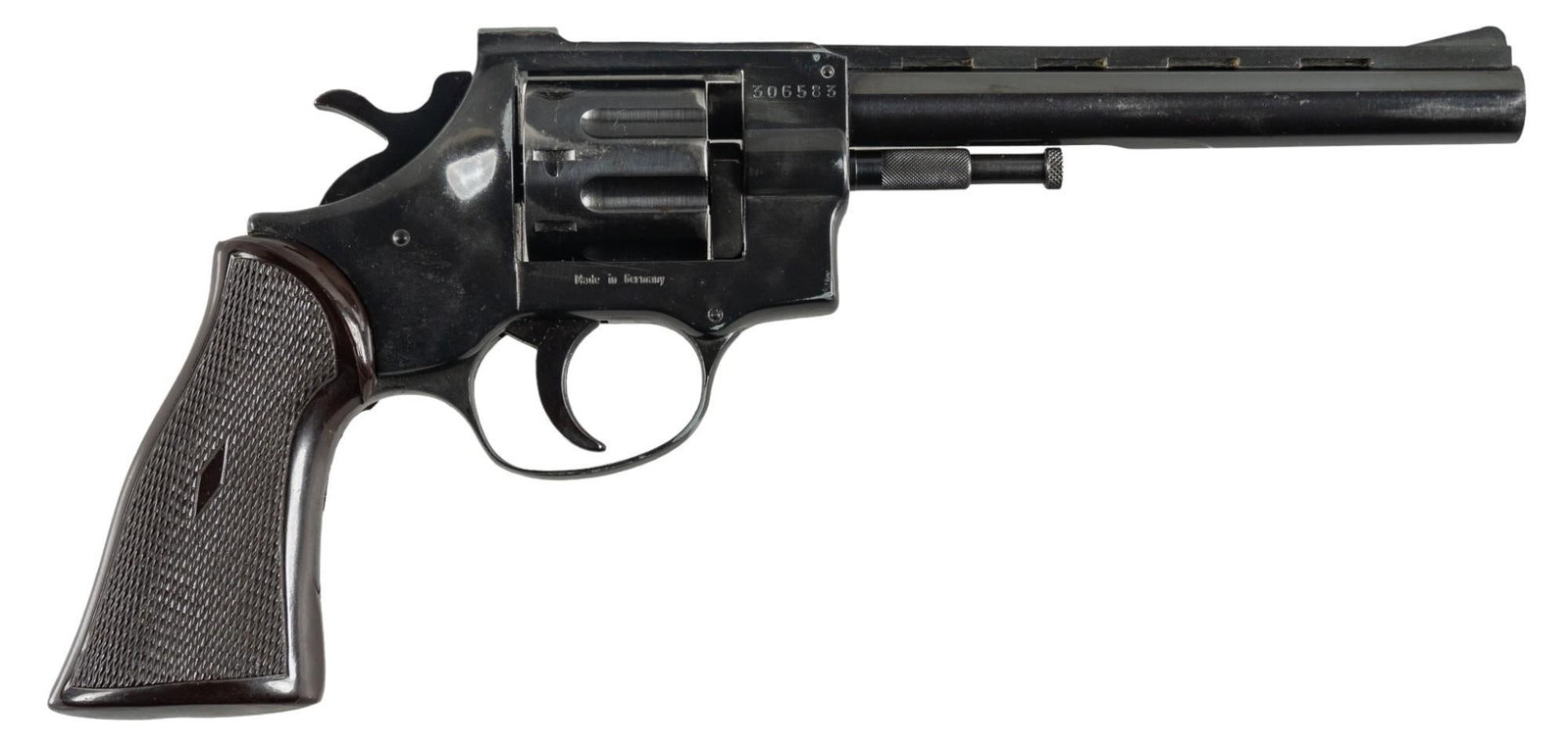 German Arminius Model HW7 22 Magnum Revolver: Serial: 306583 Manufacturer: Arminius-Germany Model: HW7 Caliber: 22 Magnum Barrel length: 6 in. OAL: 11 in. Condition: Fair; wood grips have light handling marks; barrel, frame & cylinder have mo