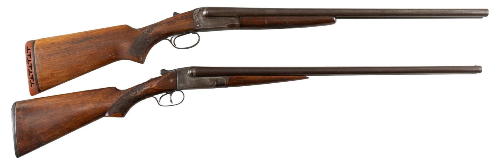 Pair of SXS Shotguns: Western Field 530A & Ithaca Flues: Serial: (1) NSN; (2) 183013 Manufacturer: (1) Ward's Western Field; (2) Ithaca Gun Co. Model: (1) 530A Deluxe; (2) Flues Grade No. 1 Caliber: (1) 16 Gauge (cyl bores); (2) 20 Gauge (cyl bores) Bar