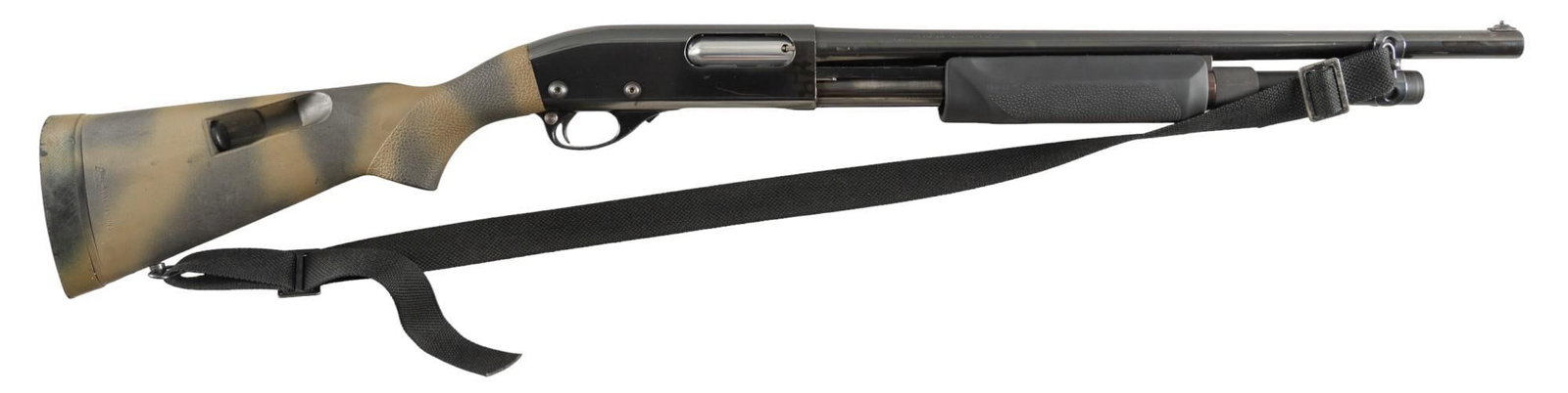 Remington 870 Wingmaster 12 Gauge Shotgun: Serial: S582886V Manufacturer: Remington Arms Co. Model: 870 Wingmaster Caliber: 12 Gauge (2.75 in. chamber) Barrel length: 20.5 in. OAL: 41 in. Condition: Good; synthetic stock has light handling mar