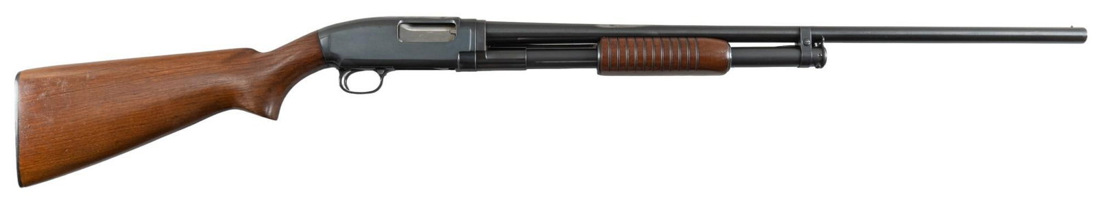 Post-War Winchester Model 12 16 Gauge Shotgun: Serial: 1143390X Manufacturer: Winchester (c. 1947) Model: 12 Caliber: 16 Gauge (2.75 in. chamber) Barrel length: 28 in. (fixed full choke) OAL: 47 in. Condition: Good; wood stock has moderate handlin
