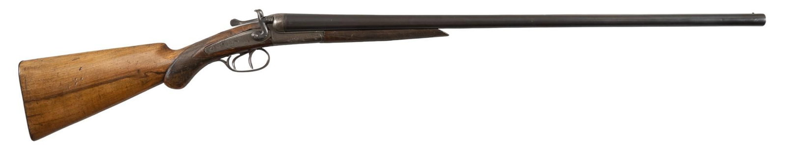 Belgian SXS 12 Gauge Shotgun: Serial: B10 Manufacturer: Unknown - Belgian Model: Double Barrel Caliber: 12 Gauge Barrel length: 30 in. OAL: 46.5 in. Condition: Fair; walnut stock & forend have handling marks receiver & bar
