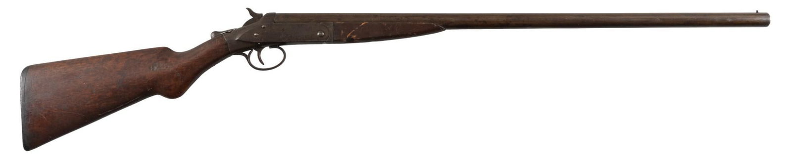 Hopkins & Allen Single Shot 12 Gauge Shotgun: Serial: W9508 Manufacturer: Hopkins & Allen Model: Single Shot Caliber: 12 Gauge Barrel length: 30 in. OAL: 45 in. Condition: Poor; wood stock has significant wear throughout w/ repaired cracks al