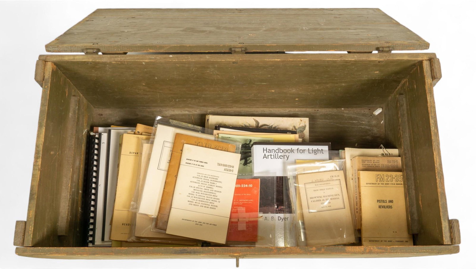 WWII US 12th Cavalry Foot Locker W/ Field & Weapons Manuals: Includes: -WWII US foot locker named to SGT. Jack M. Hilmer, Troop E 12th. Cav., Fort Bliss Texas -various WWII field & weapons manuals Provenance: An Austin, Texas Estate Shipping available for t