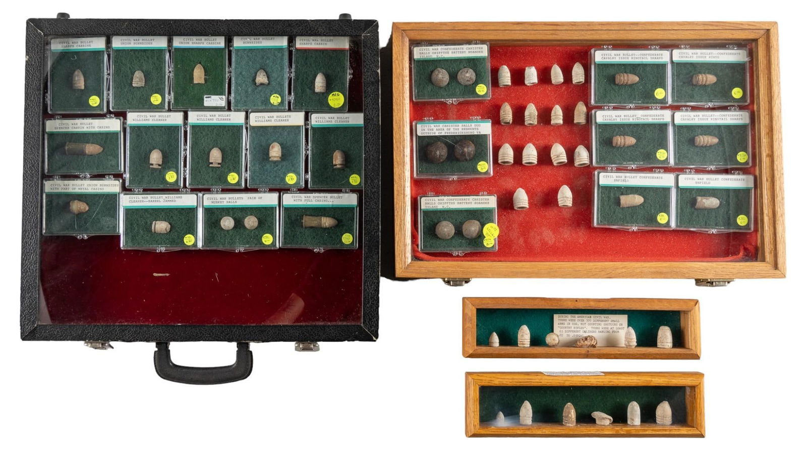 Collection of Framed Civil War Bullet Displays: Includes: collection of 49 (mostly identified) Civil War era bullets & cartridges in cases & displays -(6) displayed bullets from the Petersburg Mine Assault July 30, 1864 -(6) displayed bulle