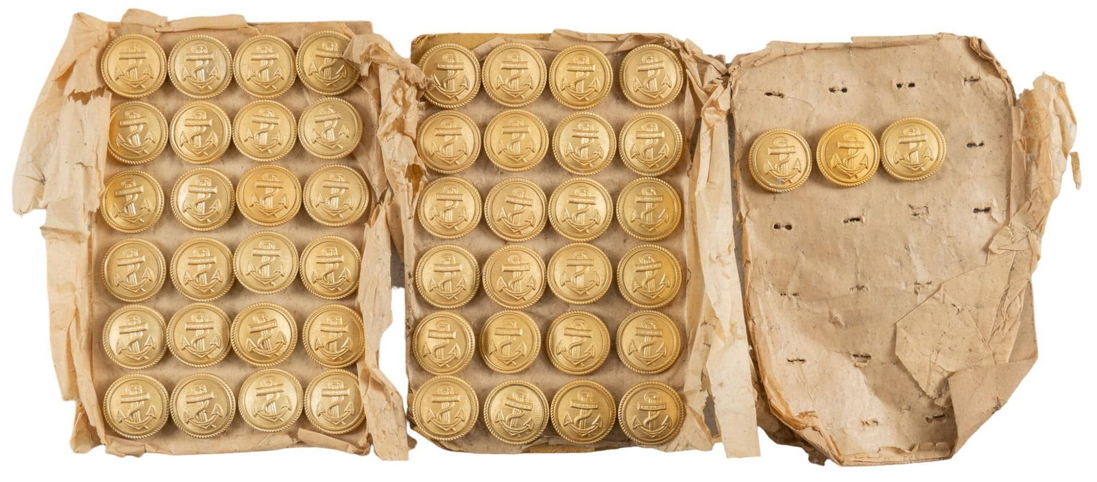 Collection of WWII German 1940 Kriegsmarine Gold-PLated Jacket Buttons: Includes: (51) 1940 Kriegsmarine Jacket buttons -gold-plated; unworn Marked: "KRIEGSMARINE / 1940" "M" in tilted square Provenance: A Boerne, Texas estate Shipping available for this l
