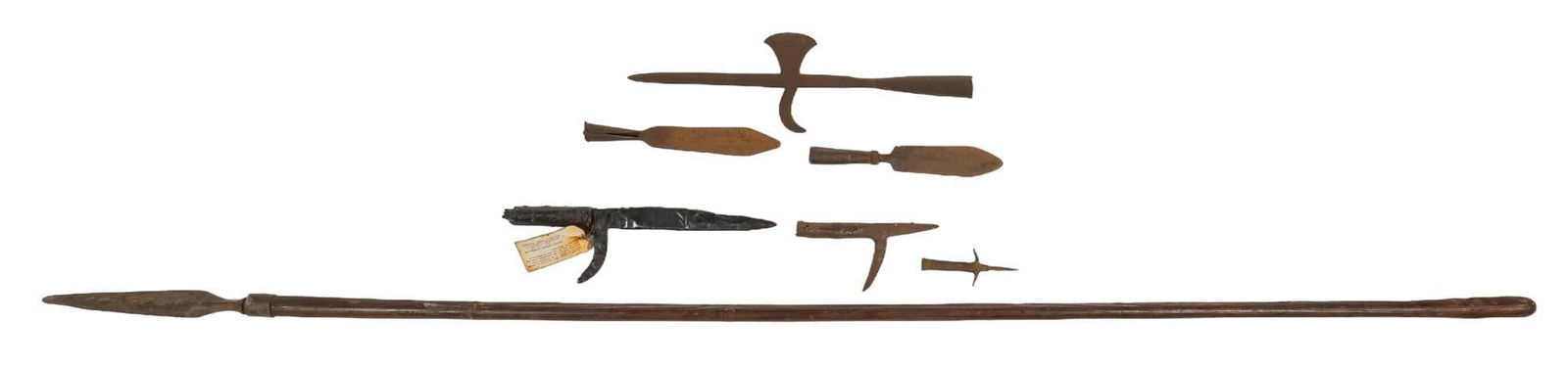 Collection of Excavated Pike Heads & Civil War Pike: Includes: -6 x loose antique pike heads: 1 is tagged & certified excavated from Wilmington & Manchester Railroad; rest are excavation finds w/o documentation -1 x Civil War pike w/ pole Longe
