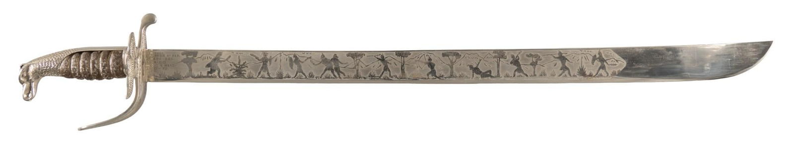 1970's Casa Aragon Oaxaca Etched Sword & Scabbard: Manufacturer: Casa Aragon- A. Aragon, J.P. Garcia- Oaxaca, Mexico (c. April 23, 1970) Model: Machete Sword Blade length: 26.25 in. OAL: 31.75 in. Condition: Very Good; unknown reptile skin handle has