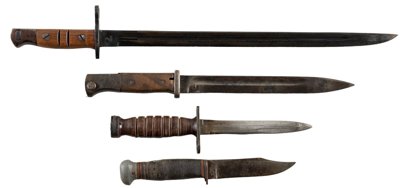 Collection of 4 Bayonets: Manufacturer: (1 & 3) PAL; (2) E. & F. Horster & Co.-Solingen; (4) Repro MD / E Model: (1) USN Mark I Fighting knife; (2) M1884/98; (3) US M4; (4) M1917 Marked: (1) "RH-35", scabba