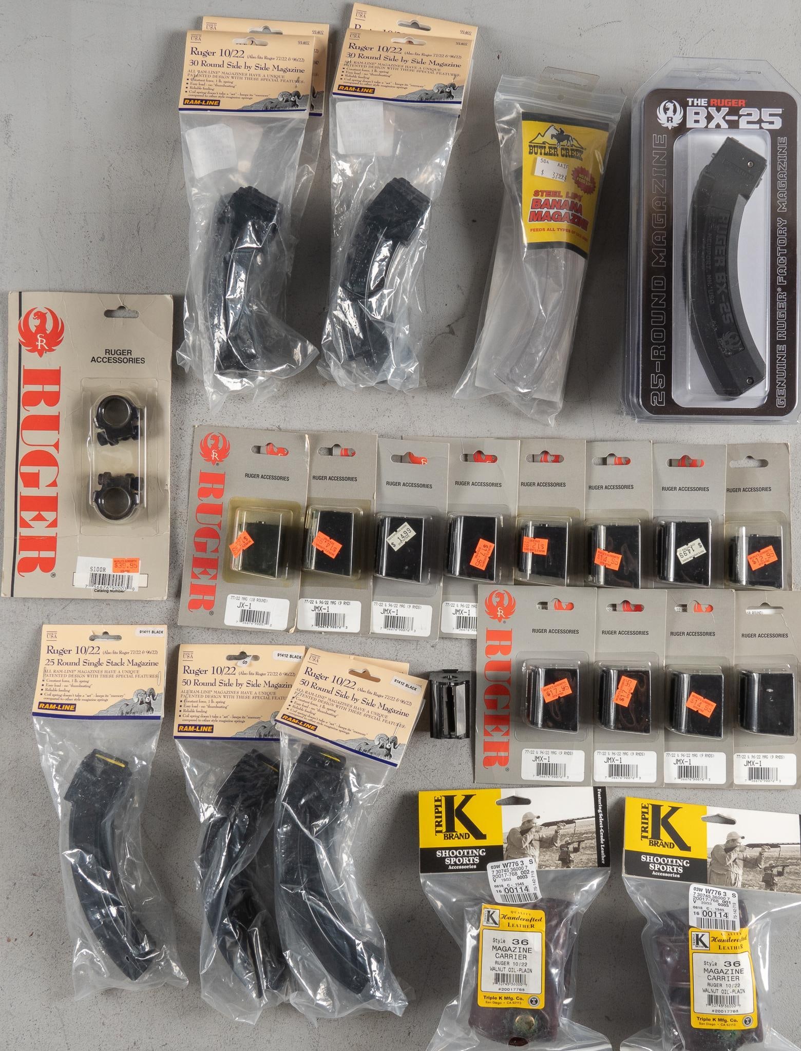 Dealer Lot of Ruger 22 Magazines: Includes: -(13) sealed Ruger 77/22 or 96/22 22 Mag magazines; 9-rd capacity -(4) sealed Ram-Line Ruger 10/22 50-rd magazines -(1) sealed Butler Creek Ruger 10/22 25-rd magazine -(4) sealed Ram-Line Ru