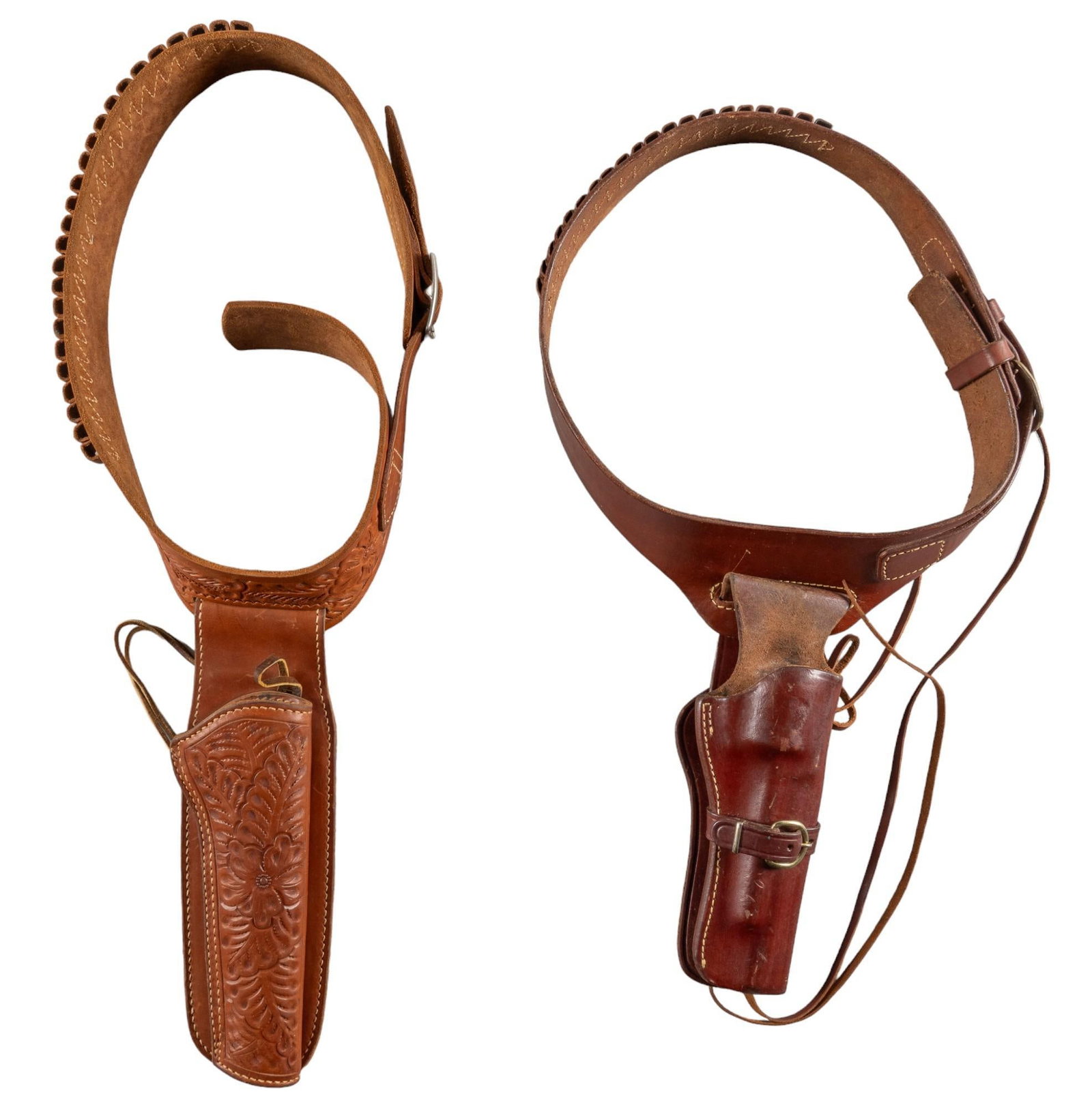 Pair of Leather Belts & Holsters: Includes: -nice Hunter 3158 Med tooled leather belt & holster for 357/38 spl revolver -leather Triple K Brand 110 M C 38 belt & 114 15 6-A holster for 357/38 spl revolver Condition: both have 
