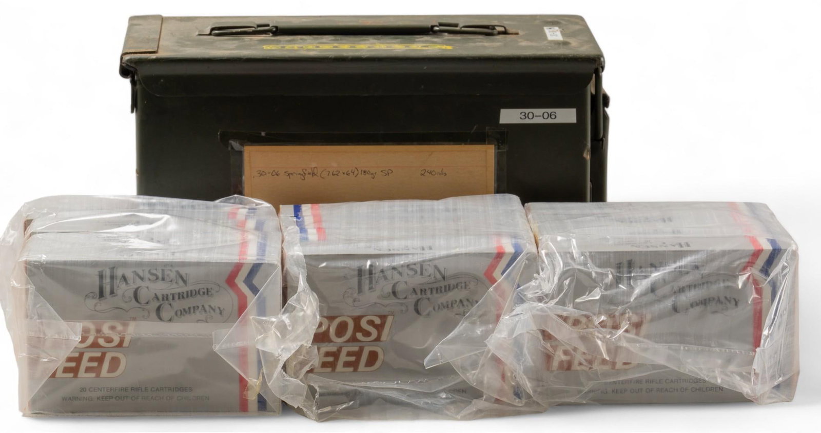240 Rounds of 30-06 Springfield Ammunition: Includes: -240 rds of Hansen Cartridge Company 30-06 180gr SP Provenance: A San Antonio, TX Estate Shipping available for this lot through our partner 4CL; please request a shipping quote at shipping&